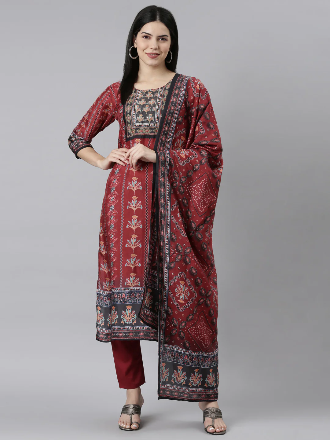 Neerus Maroon Regular Straight Floral Readymade suits - Image 5