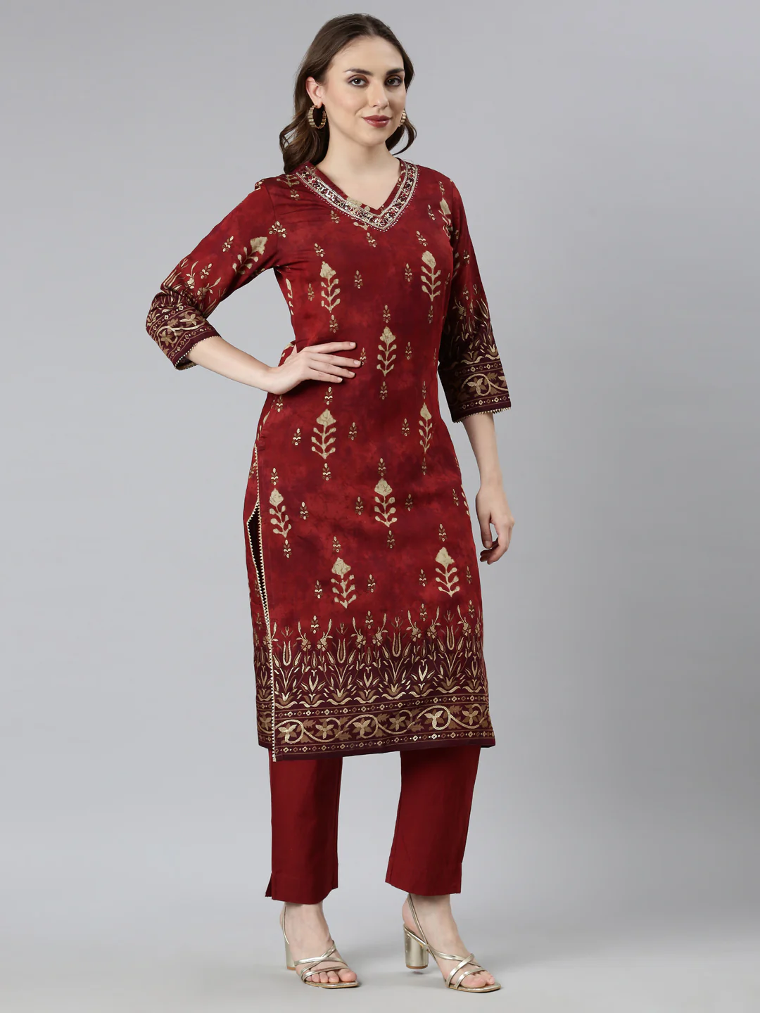 Neerus Maroon Regular Straight Floral Kurta And Trousers With Dupatta - Image 2