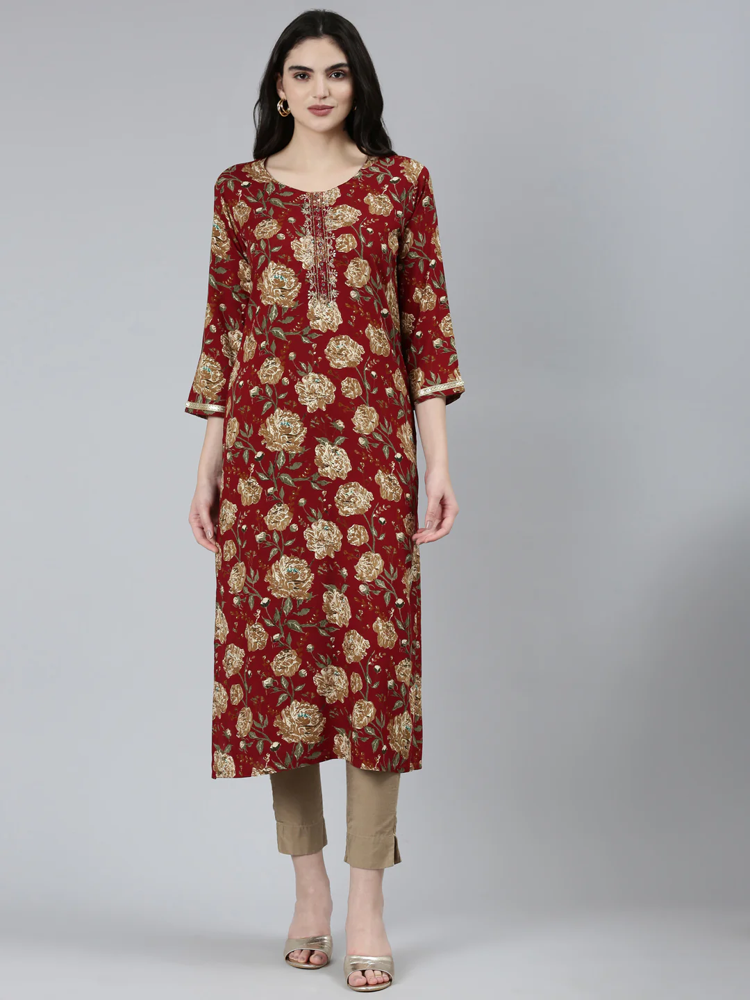 Neerus Maroon Regular Straight Floral Kurta