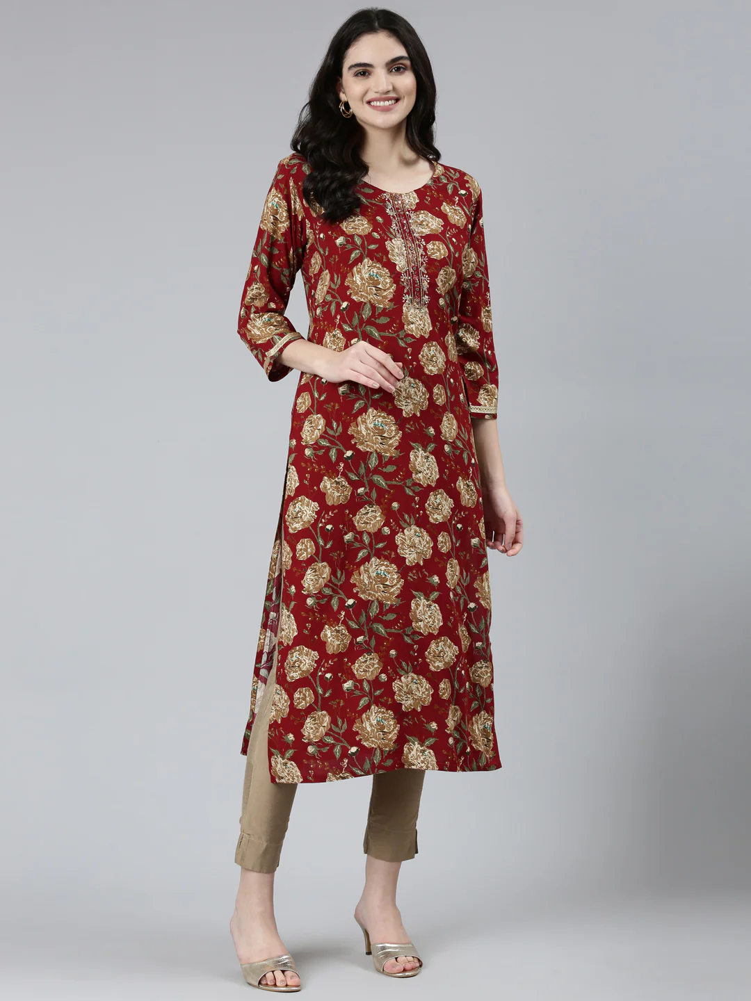 Neerus Maroon Regular Straight Floral Kurta - Image 5
