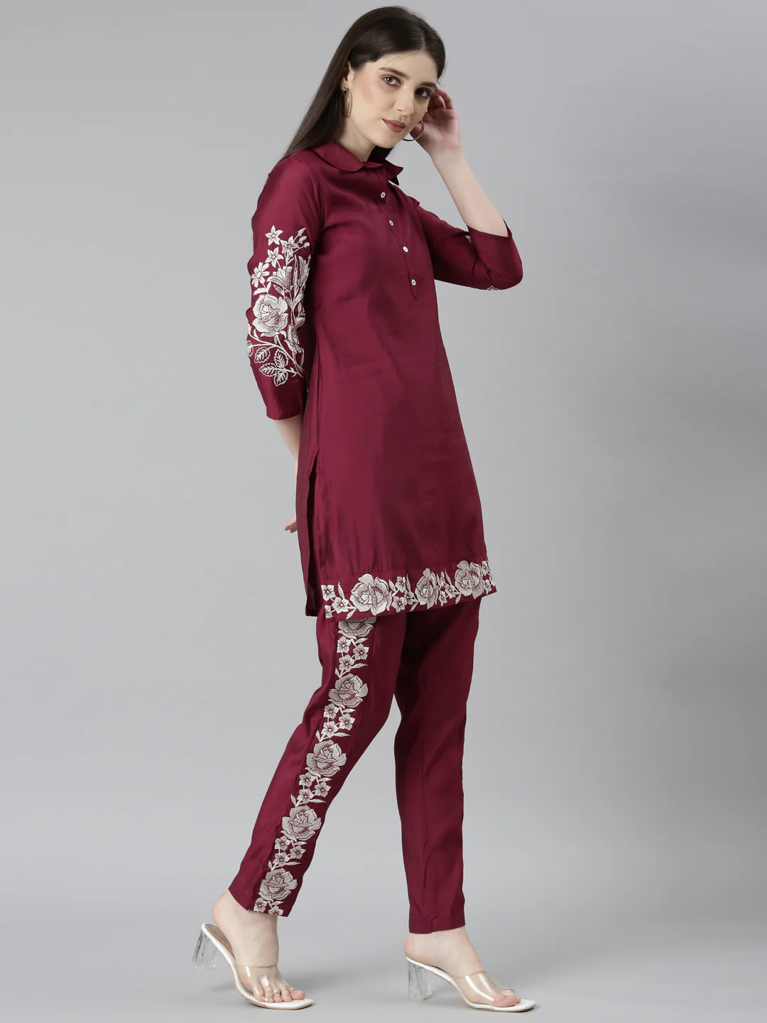 Neerus Maroon Regular Straight Floral Top And Trousers - Image 2