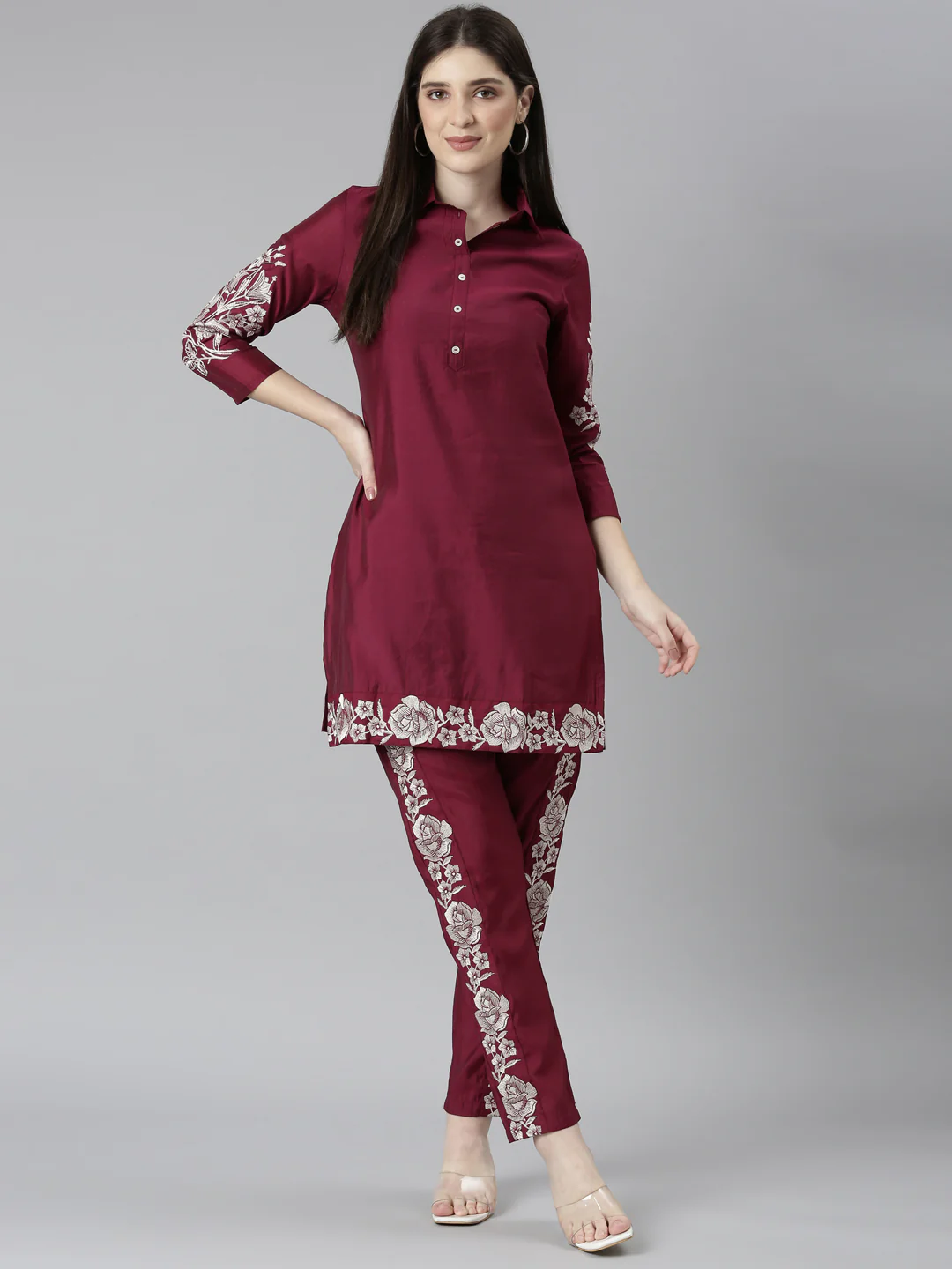 Neerus Maroon Regular Straight Floral Top And Trousers - Image 5