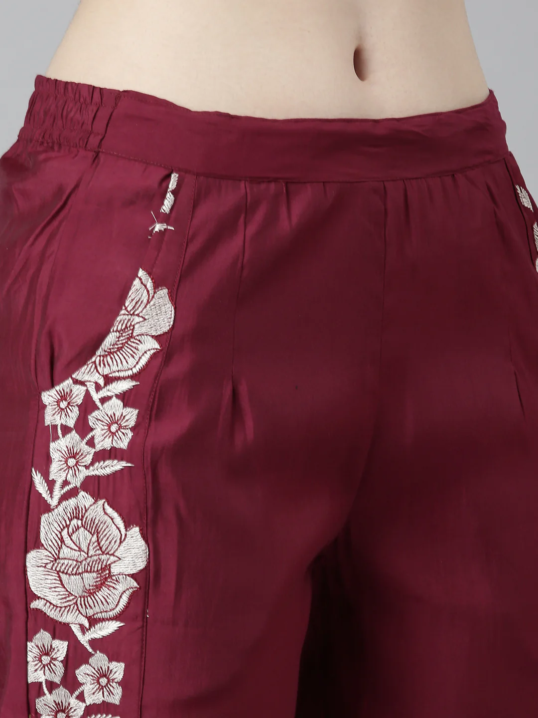 Neerus Maroon Regular Straight Floral Top And Trousers - Image 6