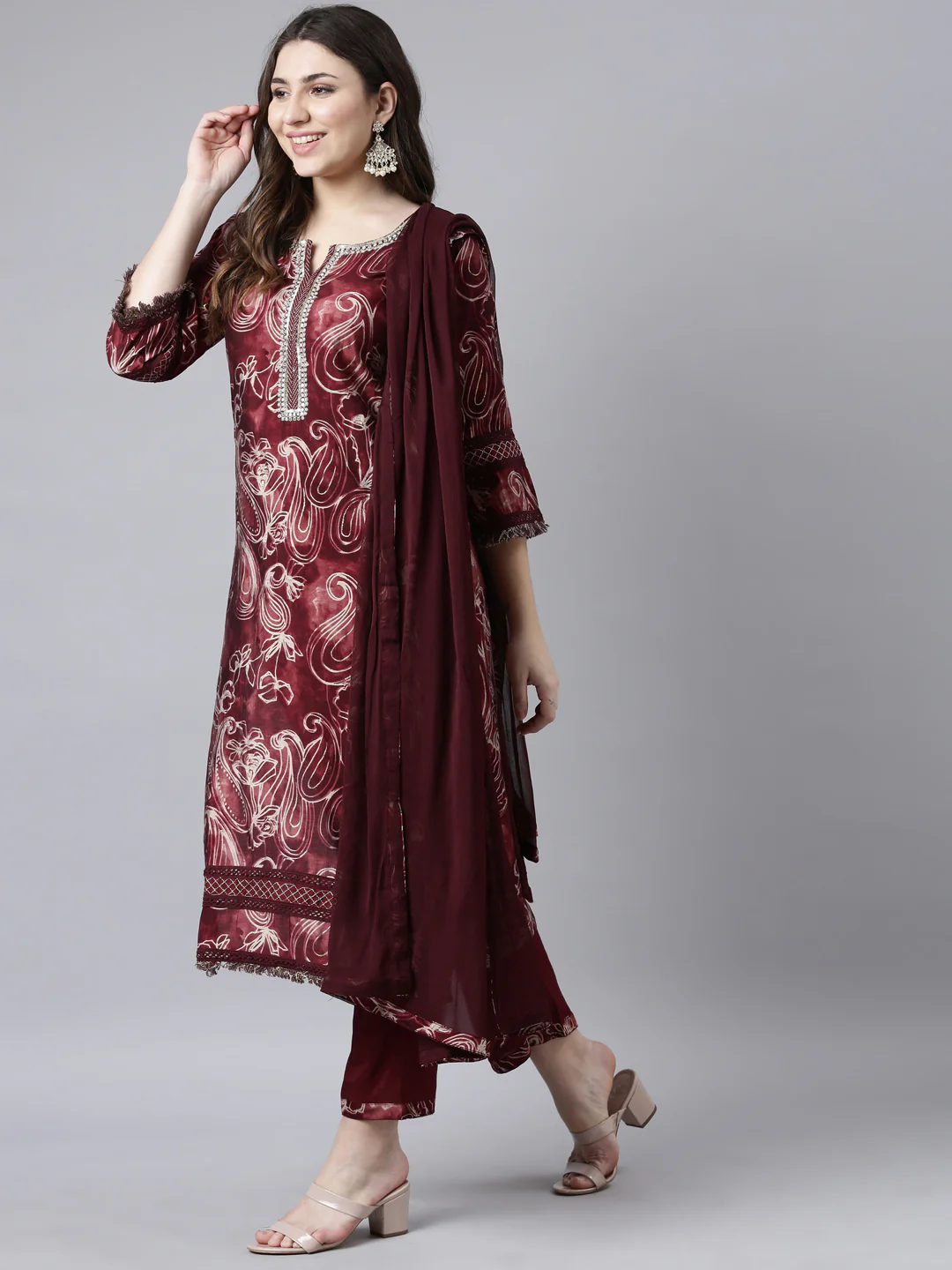 Neerus Maroon Regular Straight Paisley Kurta And Trousers With Dupatta - Image 2