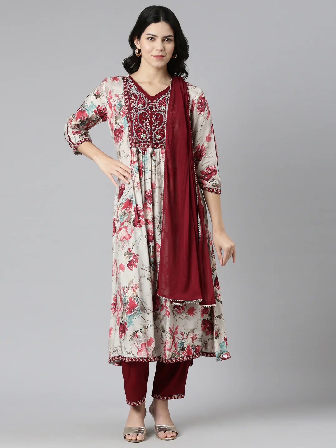 Neerus Maroon Regular Straight Printed Readymade suits