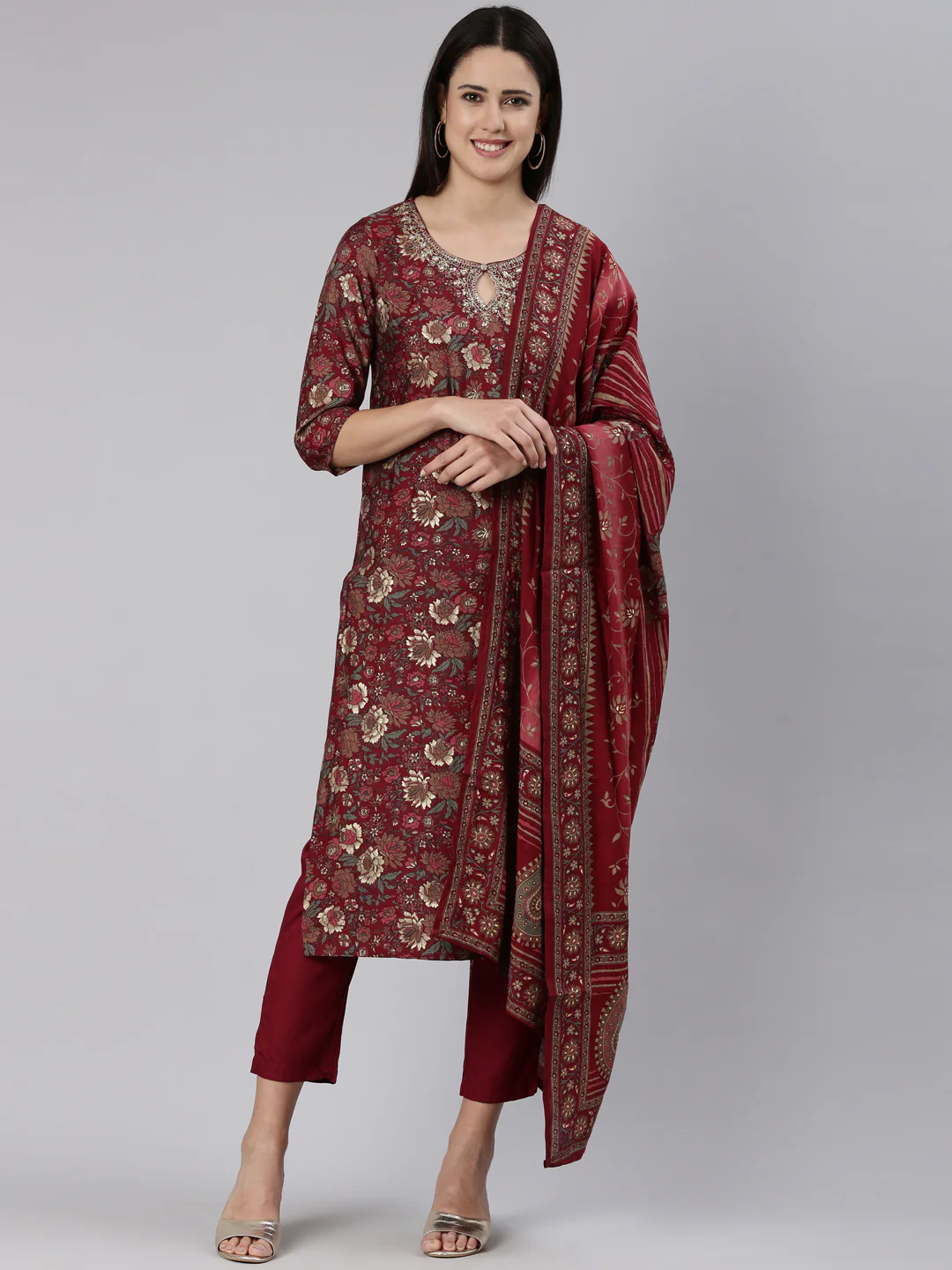 Neerus Maroon Regular Straight Printed Readymade suits