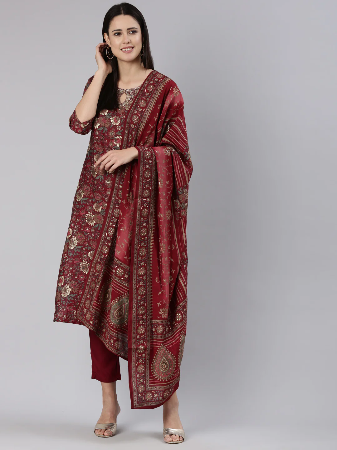 Neerus Maroon Regular Straight Printed Readymade suits - Image 5
