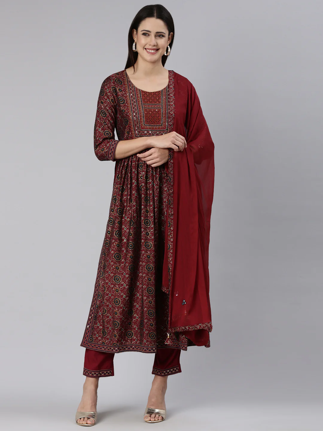 Neerus Maroon Regular Straight Printed Readymade suits