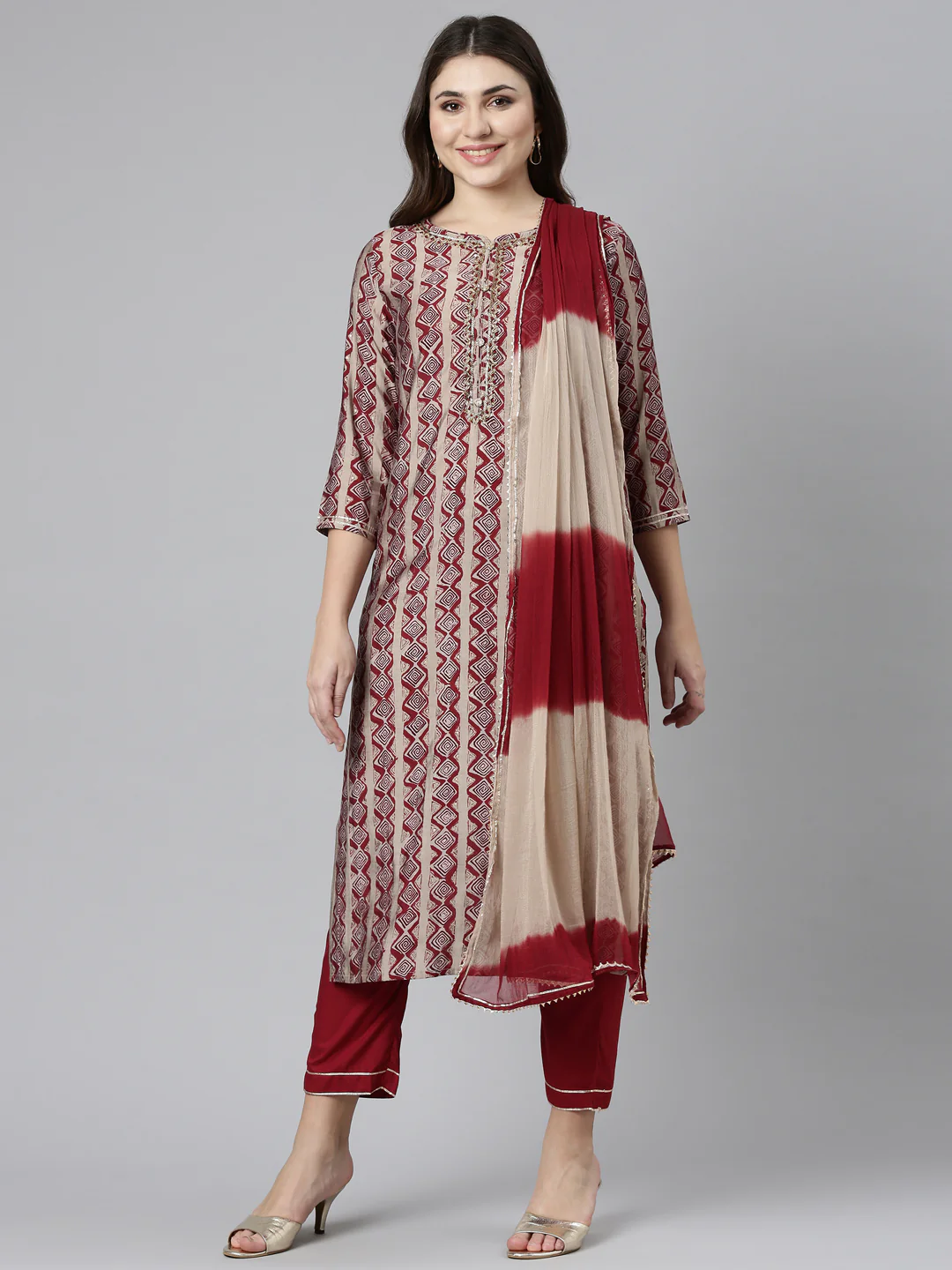 Neerus Maroon Regular Straight Printed Readymade suits