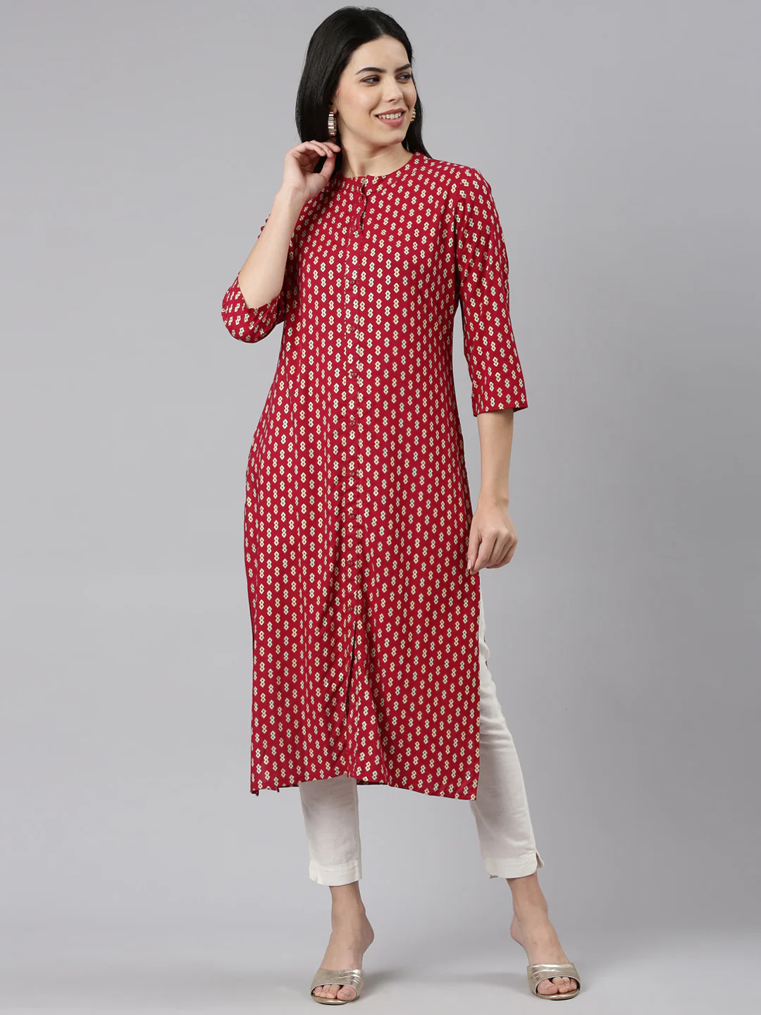 Neerus Maroon Regular Straight Printed Kurta