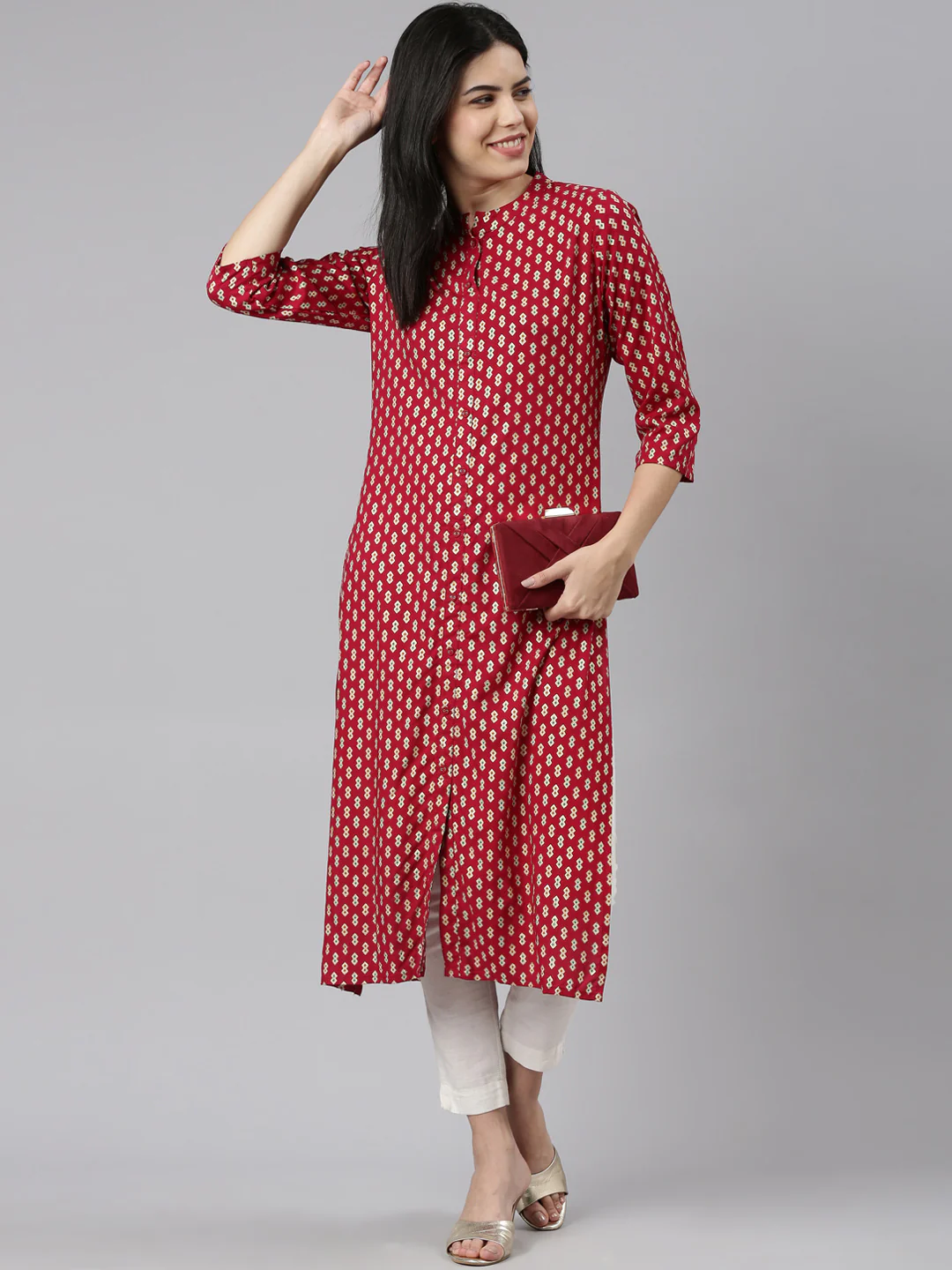 Neerus Maroon Regular Straight Printed Kurta - Image 5