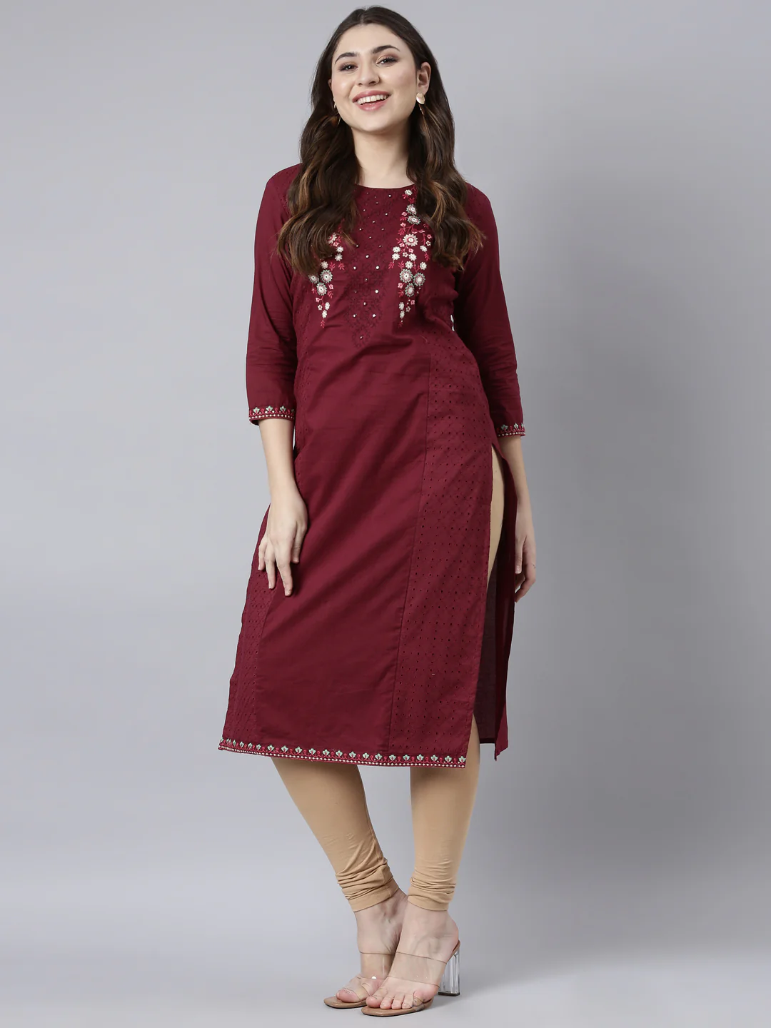Neerus Maroon Regular Straight Solid Kurta - Image 5