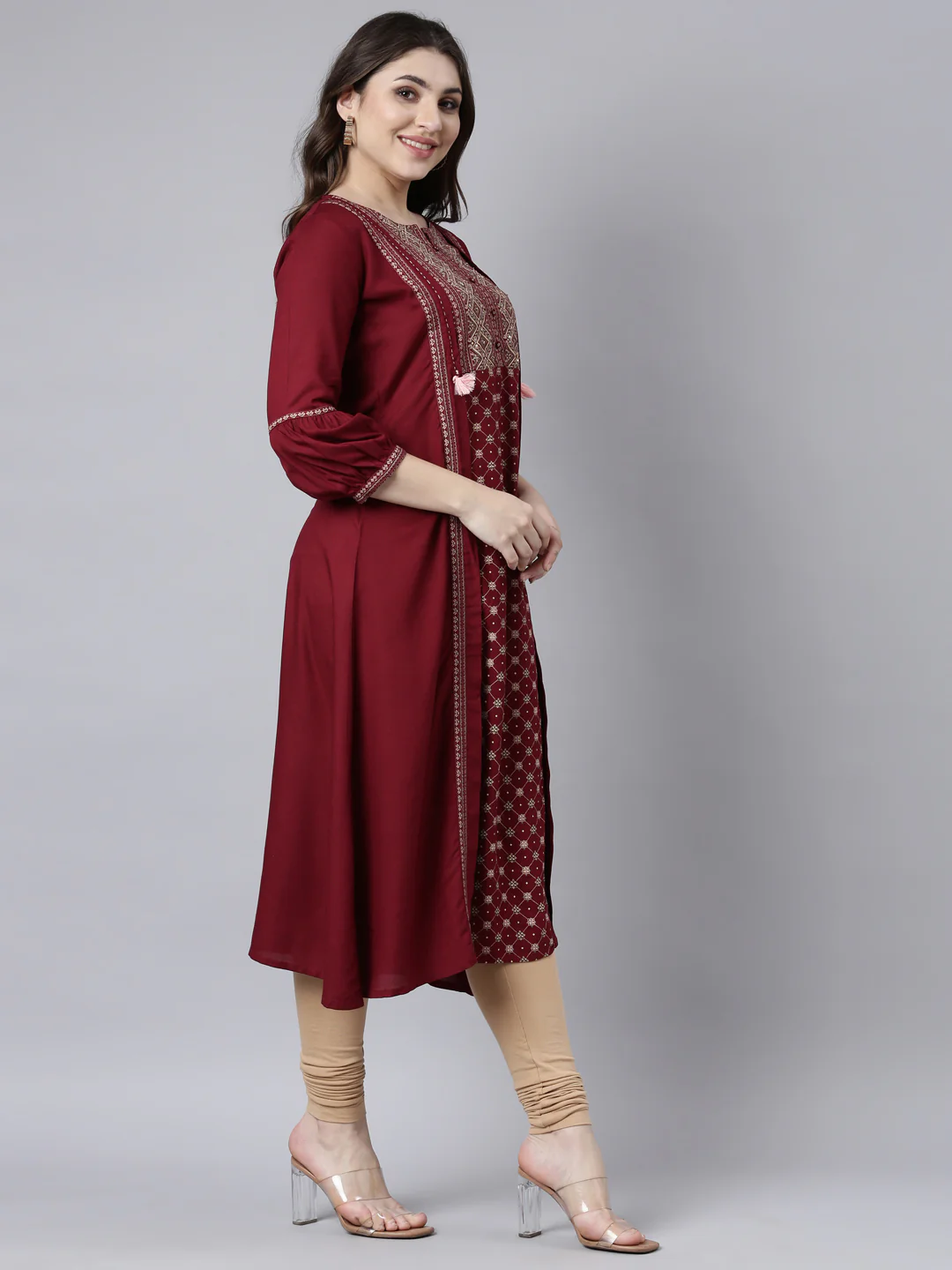 Neerus Maroon Regular Straight Woven Design Kurta - Image 2