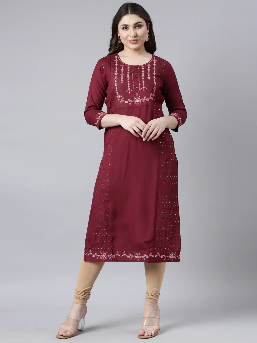 Neerus Maroon Regular Straight Woven Design Kurta
