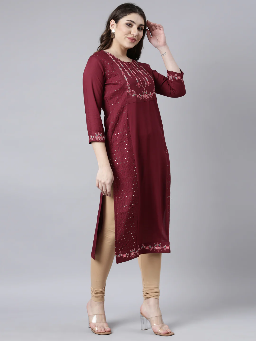 Neerus Maroon Regular Straight Woven Design Kurta - Image 2