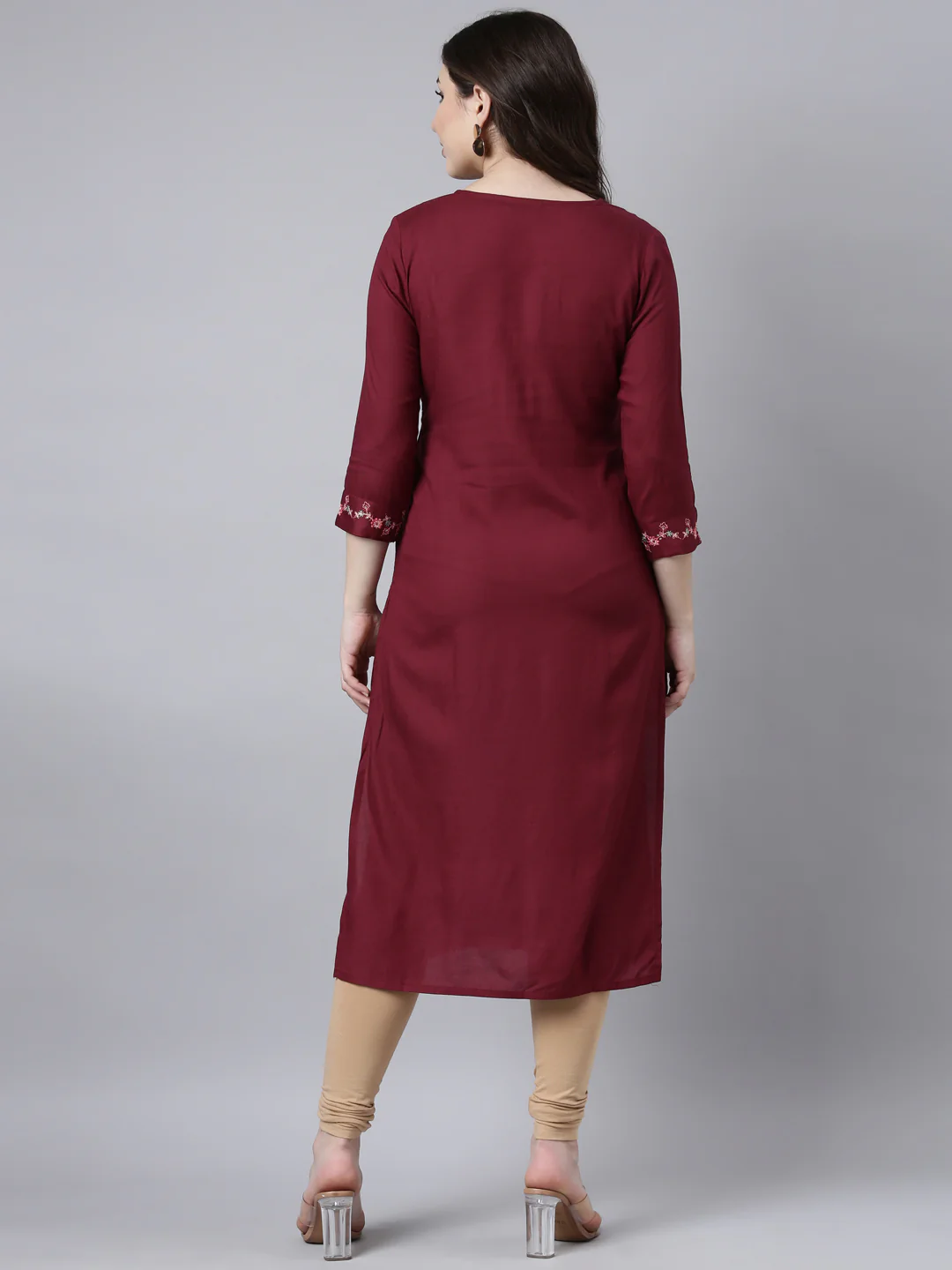 Neerus Maroon Regular Straight Woven Design Kurta - Image 3