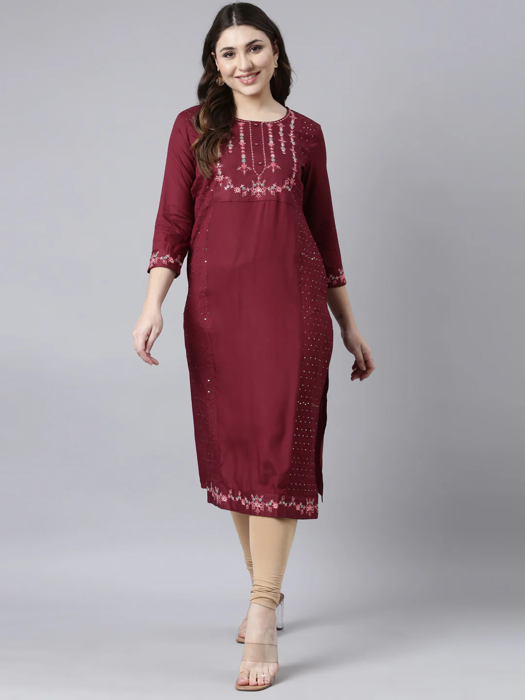 Neerus Maroon Regular Straight Woven Design Kurta - Image 5