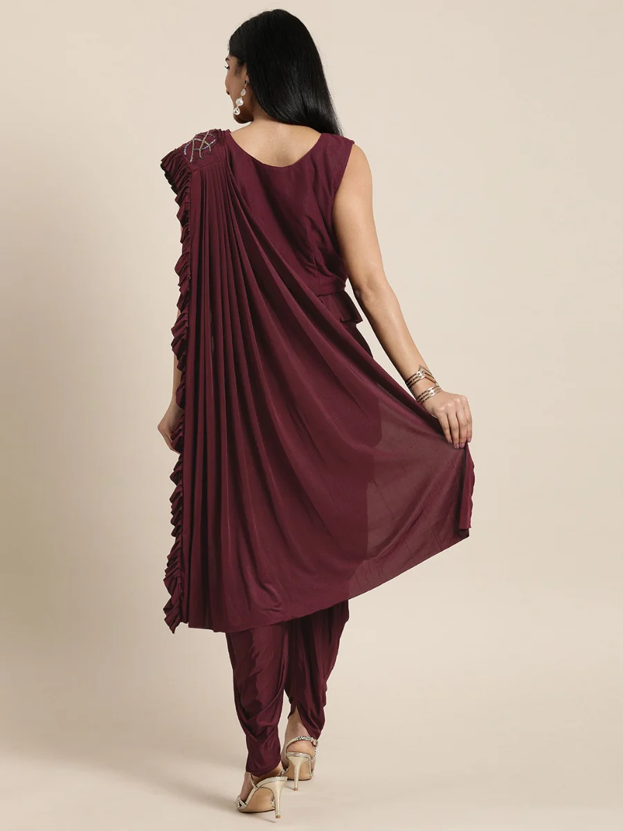Neerus Maroon Solid Ready To Wear Saree With Blouse - Image 5
