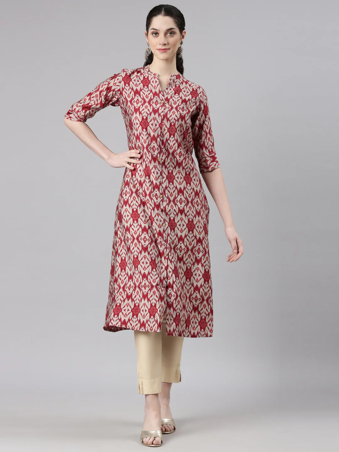 Neerus Maroon Straight Casual Chevron Kurta