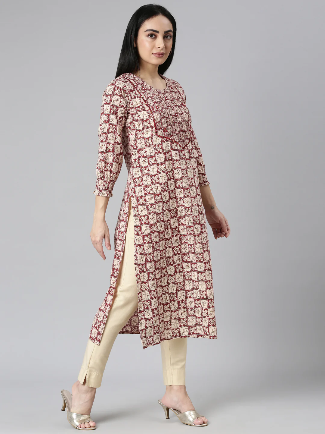 Neerus Maroon Straight Casual Colourblocked Straight Kurta - Image 3