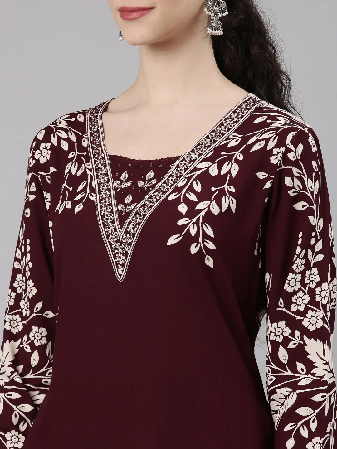 Neerus Maroon Straight Casual Floral Kurta and Plazzo - Image 2