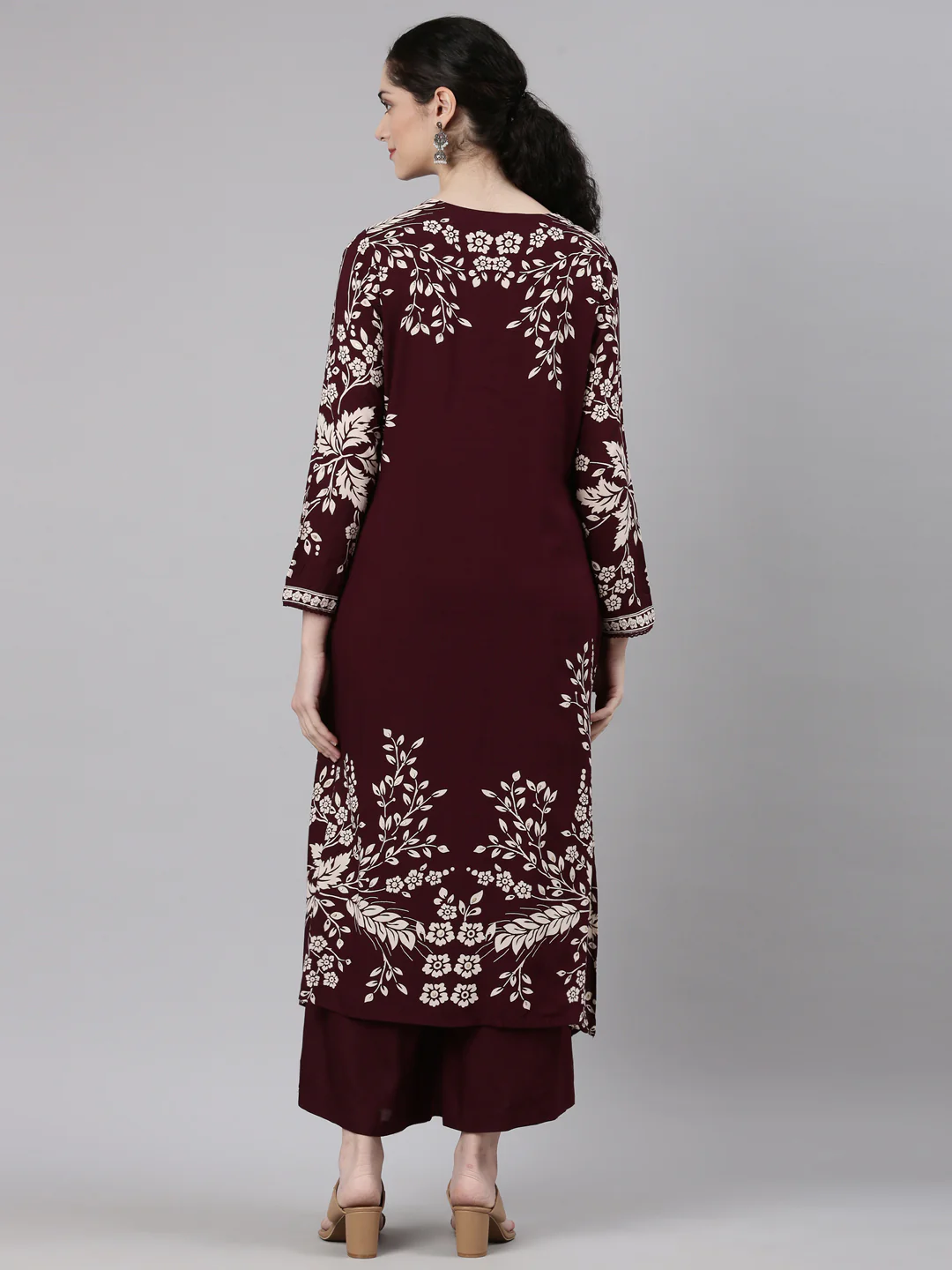 Neerus Maroon Straight Casual Floral Kurta and Plazzo - Image 5