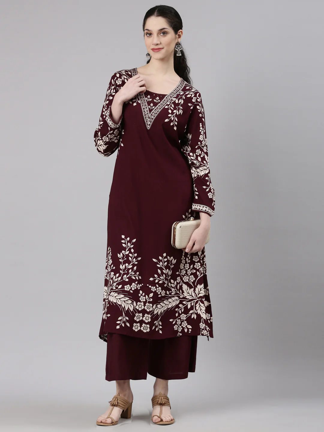 Neerus Maroon Straight Casual Floral Kurta and Plazzo - Image 6