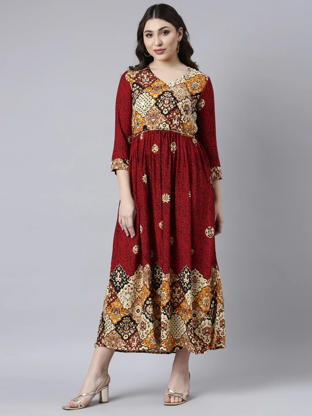 Neerus Maroon Straight Casual Floral Maxi Dresses - Image 5