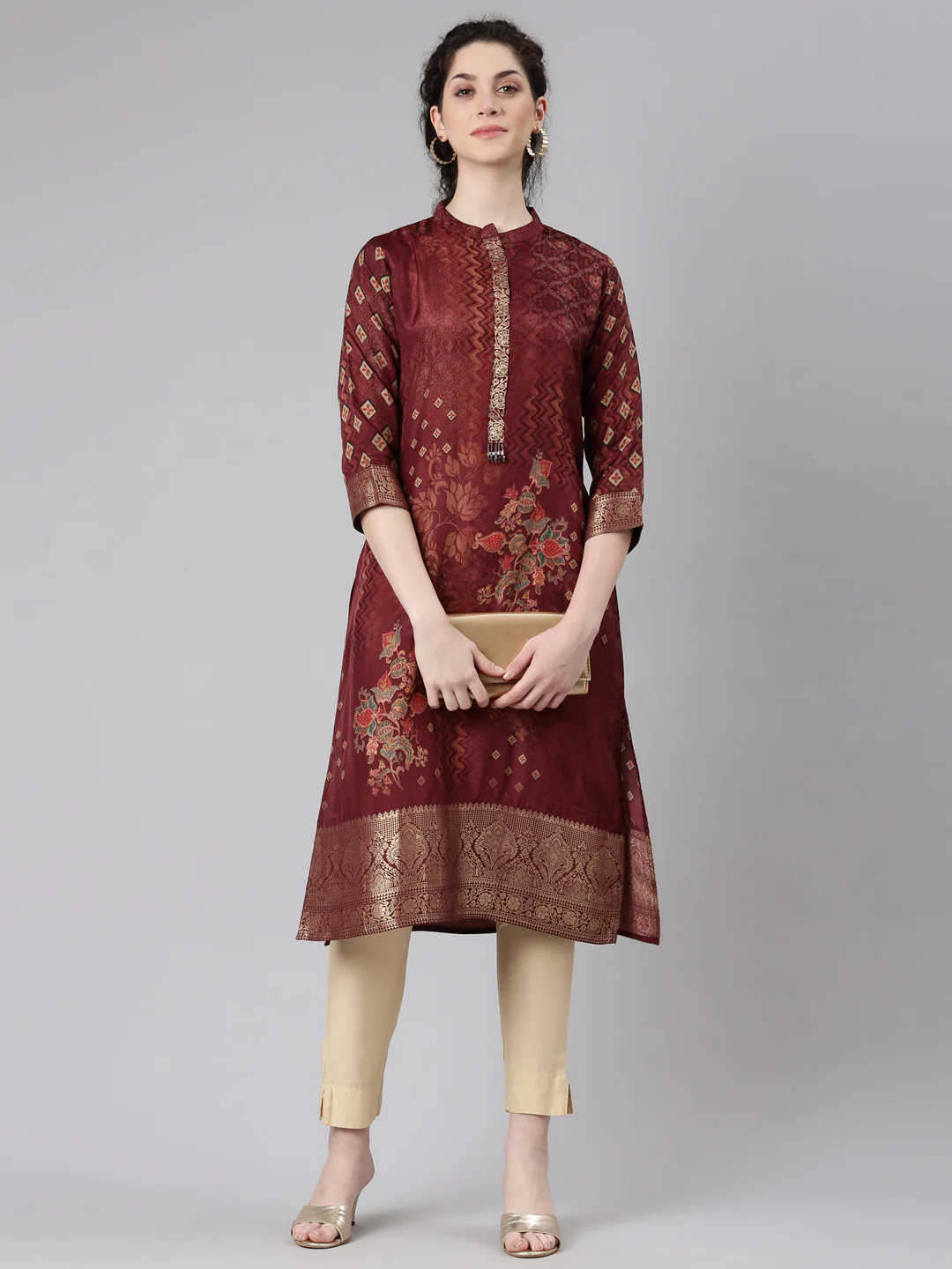 Neerus Maroon Straight Casual Floral Panelled Kurta - Image 5