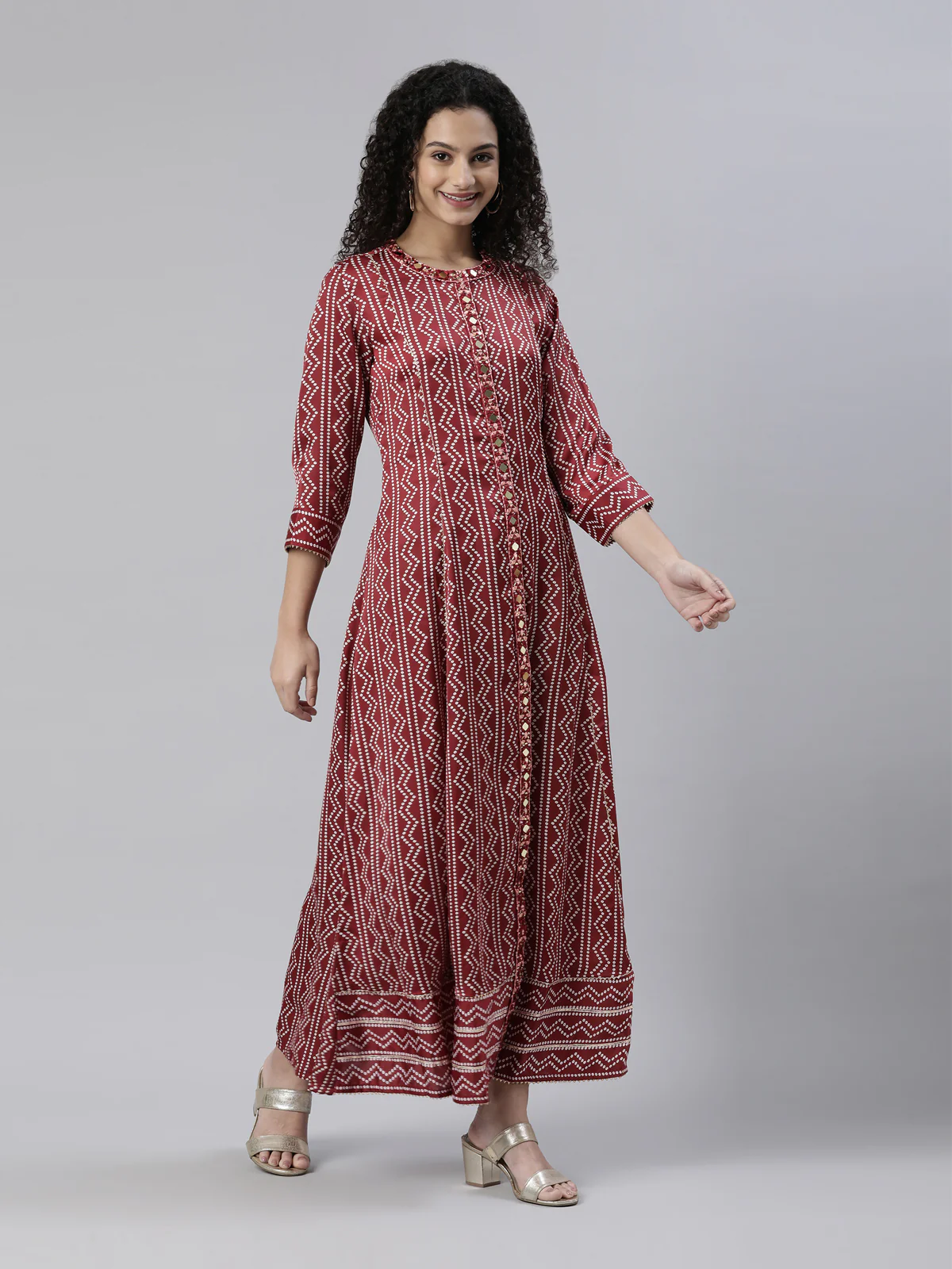 Neerus Maroon Straight Casual Printed Dress - Image 2