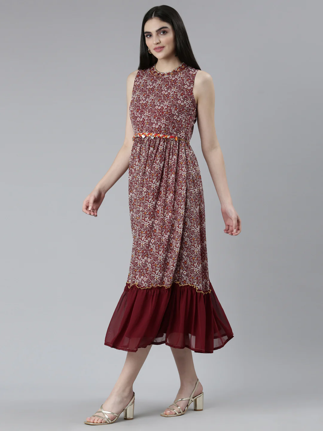 Neerus Maroon Straight Casual Printed Dress - Image 2