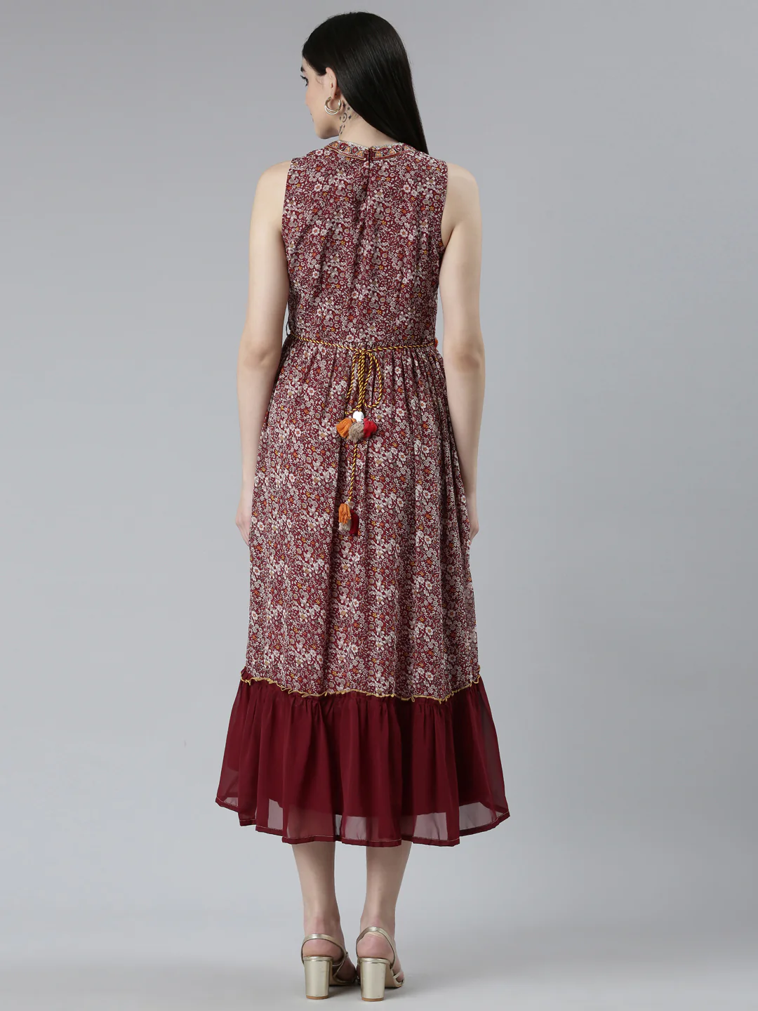 Neerus Maroon Straight Casual Printed Dress - Image 3