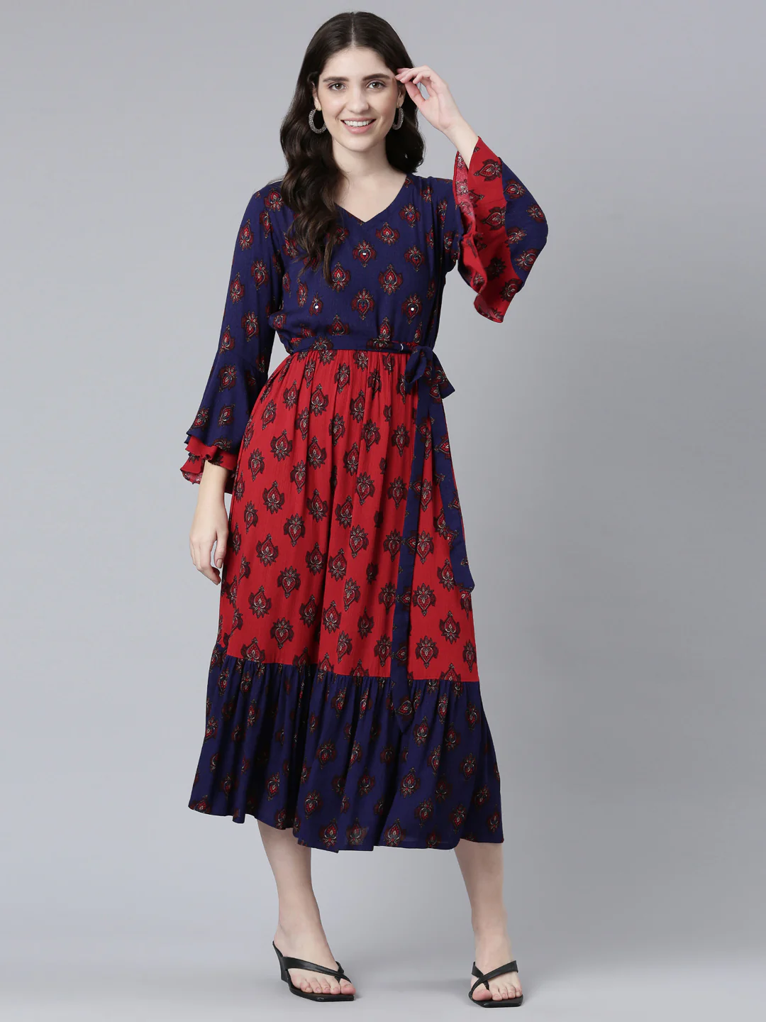 Neerus Maroon Straight Casual Printed Dress - Image 5