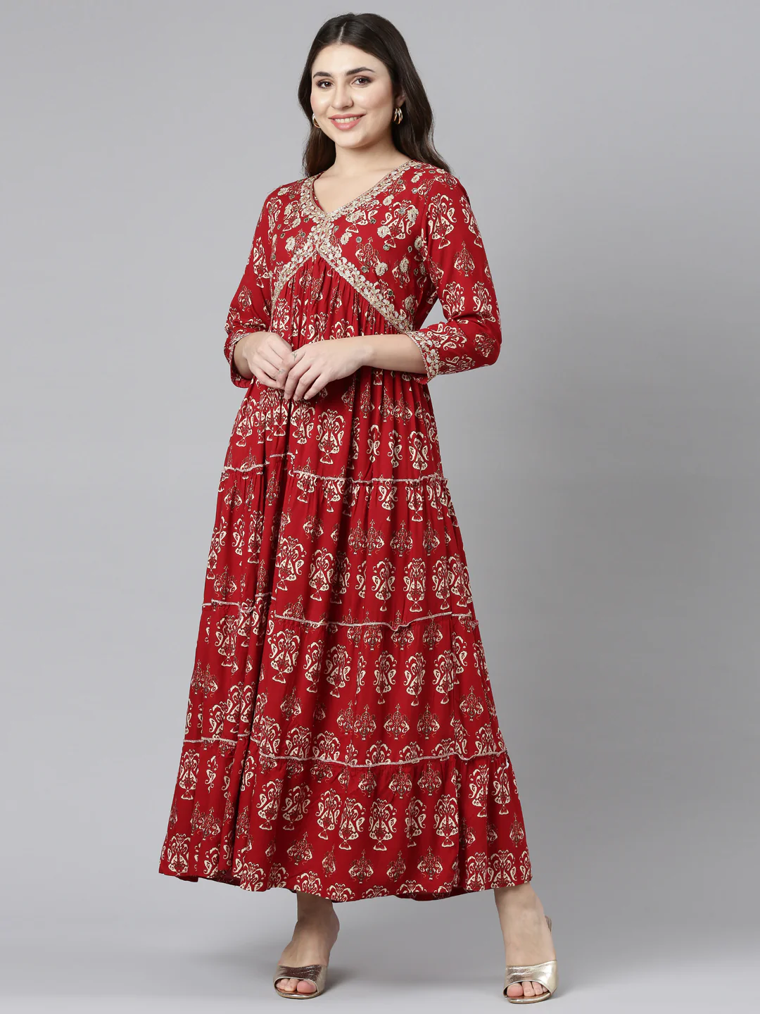 Neerus Maroon Straight Casual Printed Gown