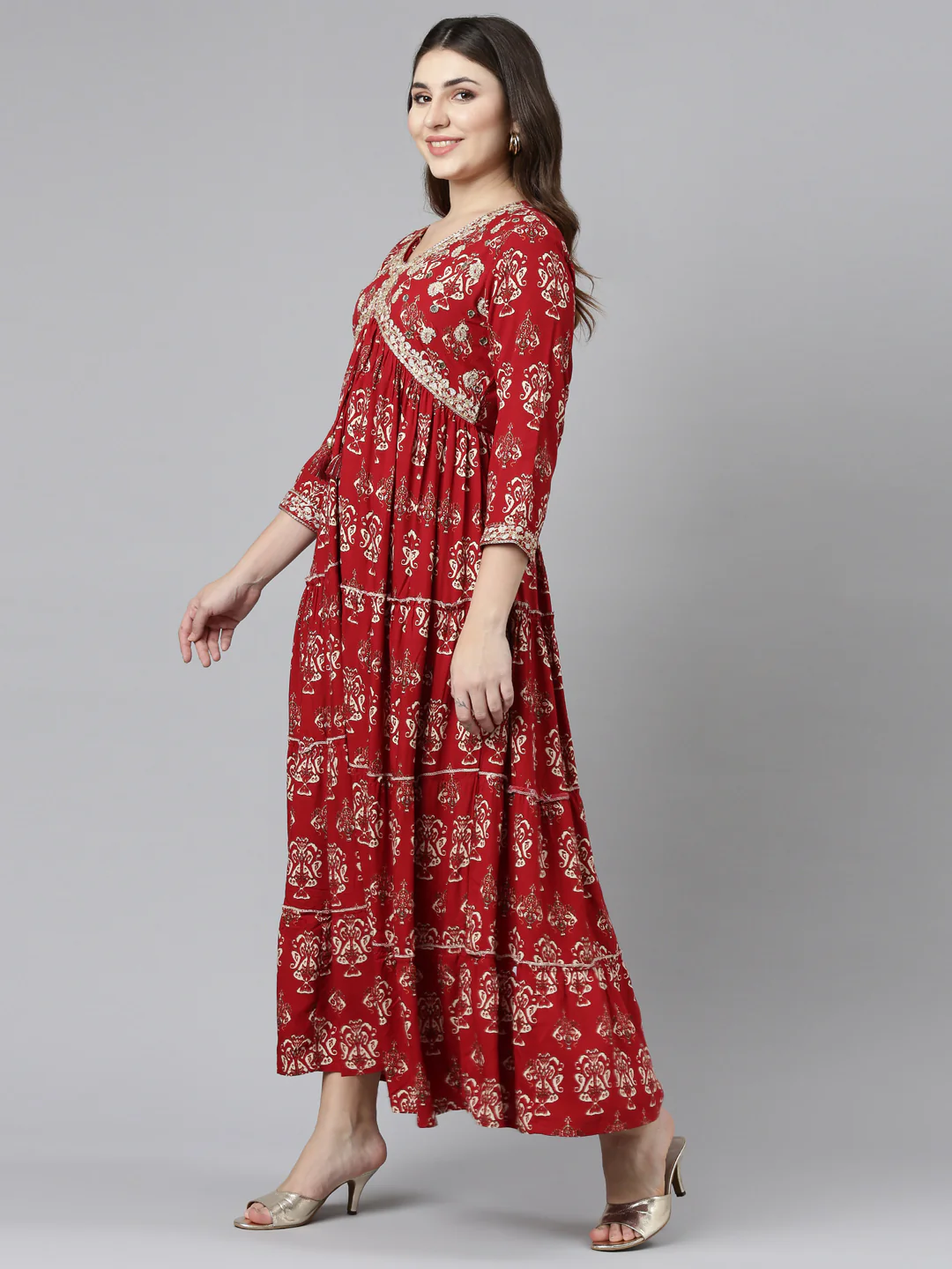 Neerus Maroon Straight Casual Printed Gown - Image 2