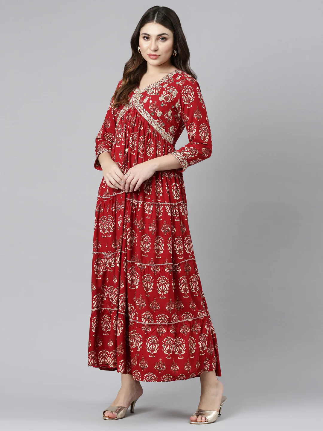 Neerus Maroon Straight Casual Printed Gown - Image 5