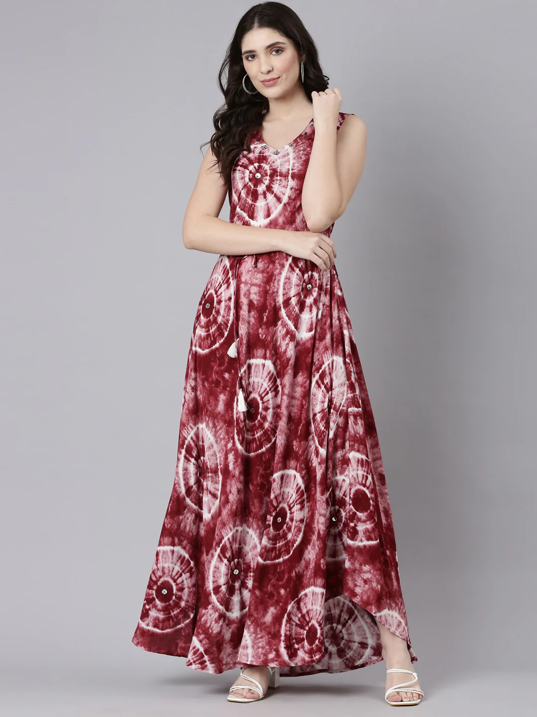 Neerus Maroon Straight Casual Printed Maxi Dresses - Image 5