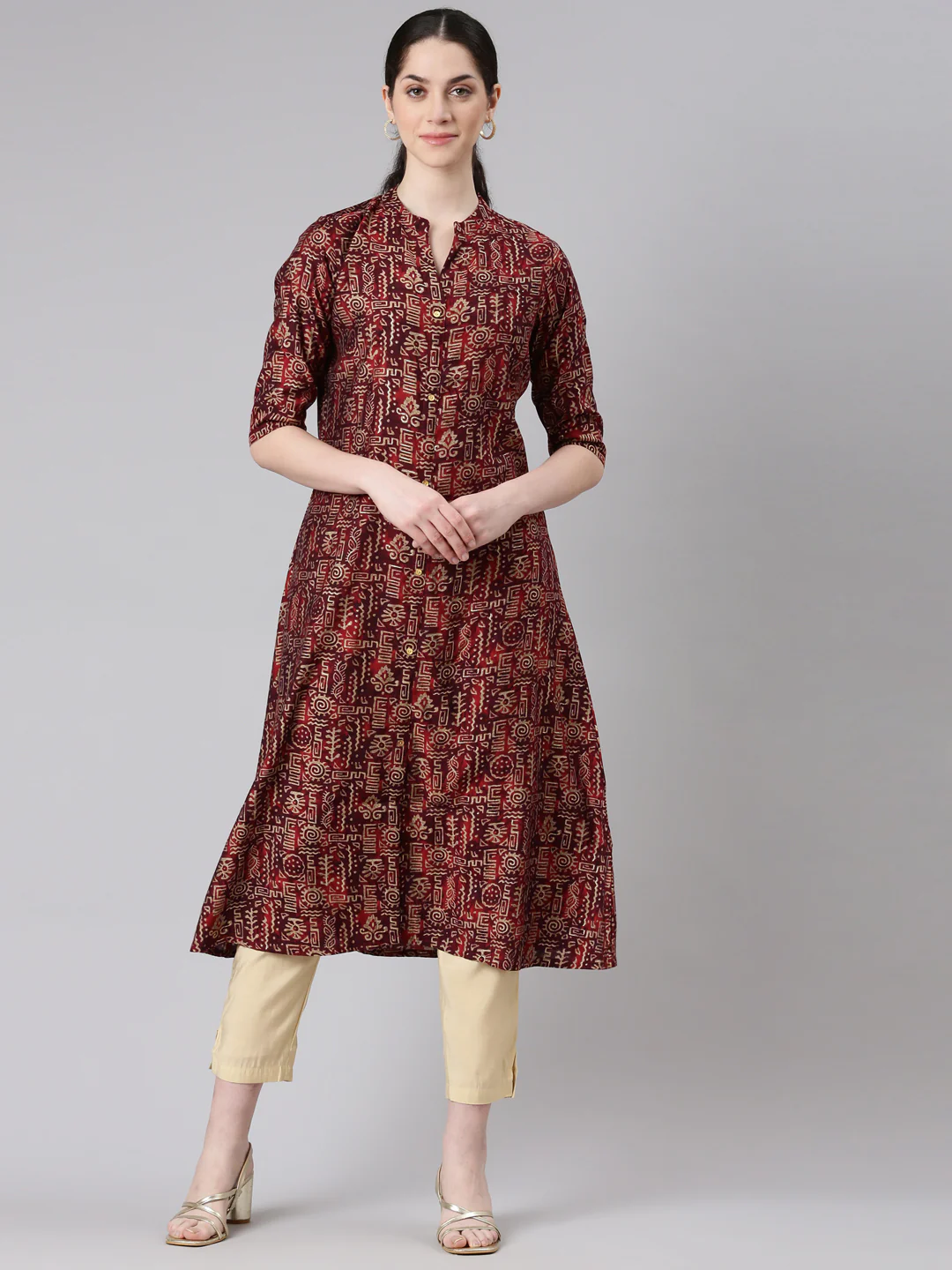 Neerus Maroon Straight Casual Tribal Panelled Kurta