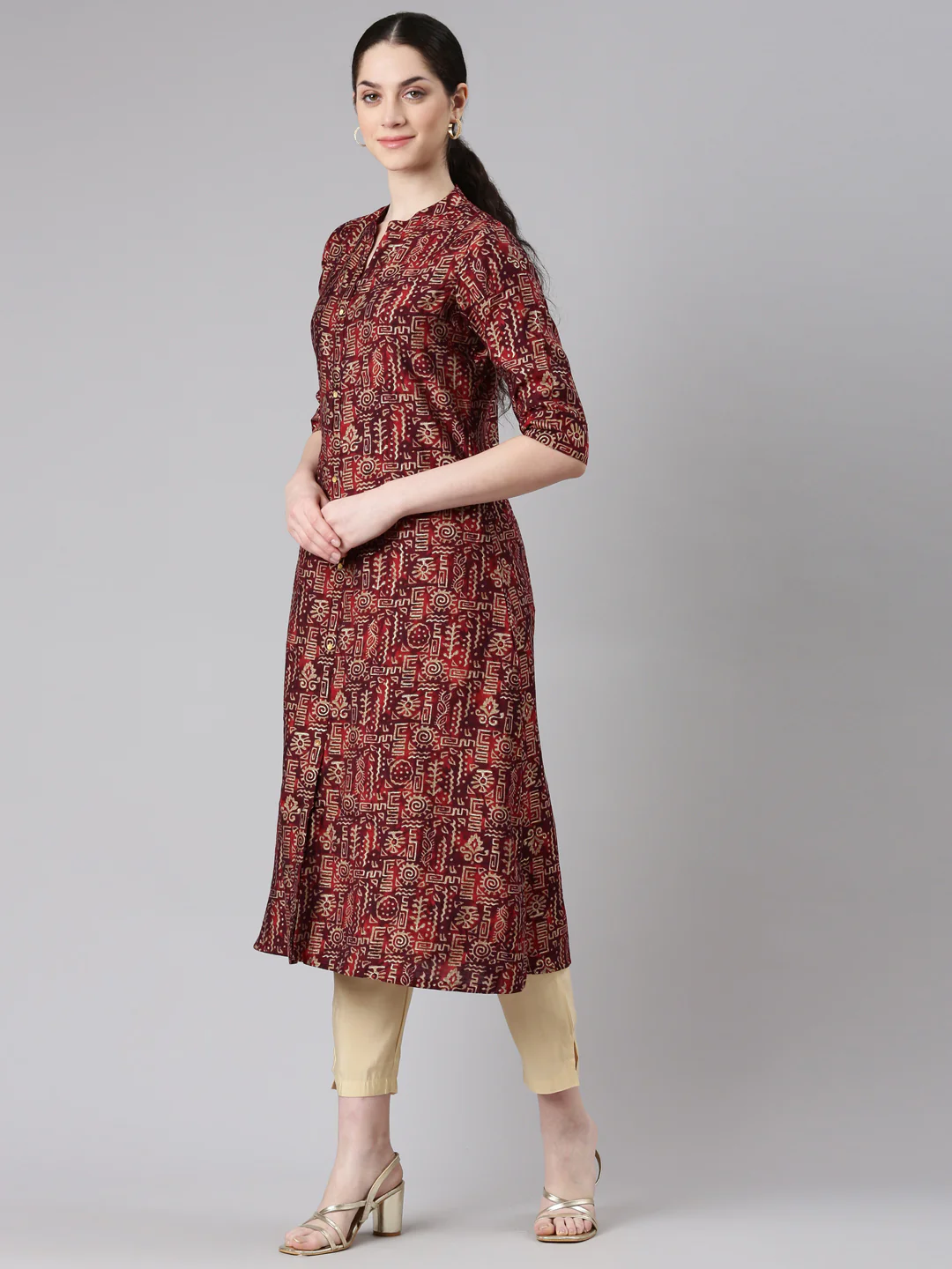 Neerus Maroon Straight Casual Tribal Panelled Kurta - Image 2