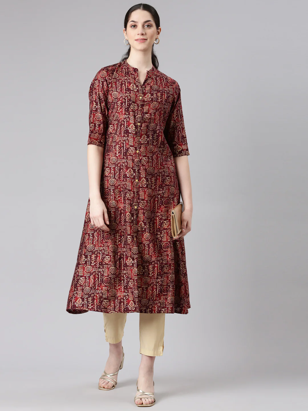 Neerus Maroon Straight Casual Tribal Panelled Kurta - Image 5