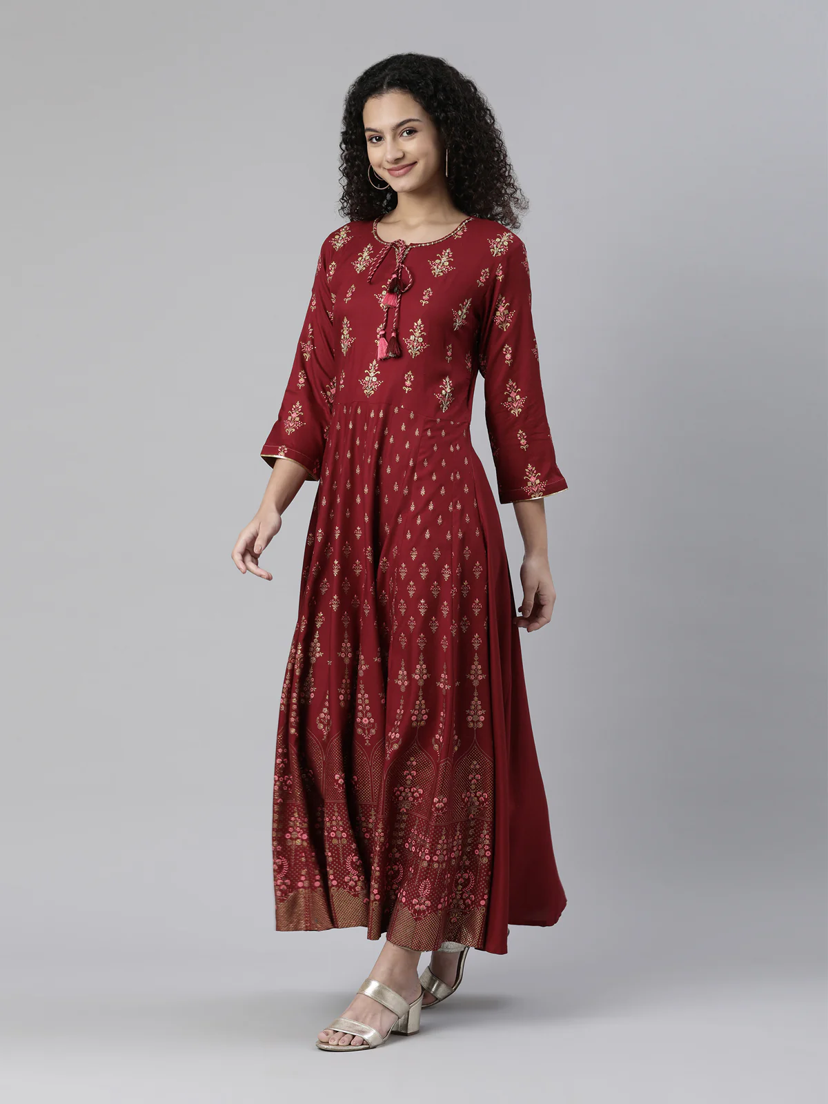 Neerus Maroon Straight Ethnic Printed Dress - Image 2