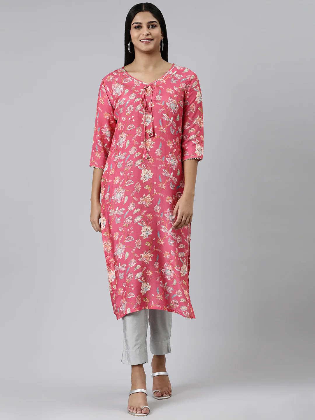 Neerus Maroon Straight Printed Cotton Kurta