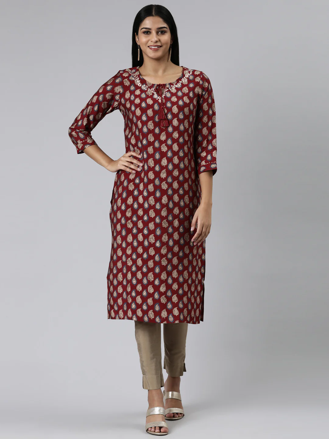 Neerus Maroon Straight Printed Modal Kurta