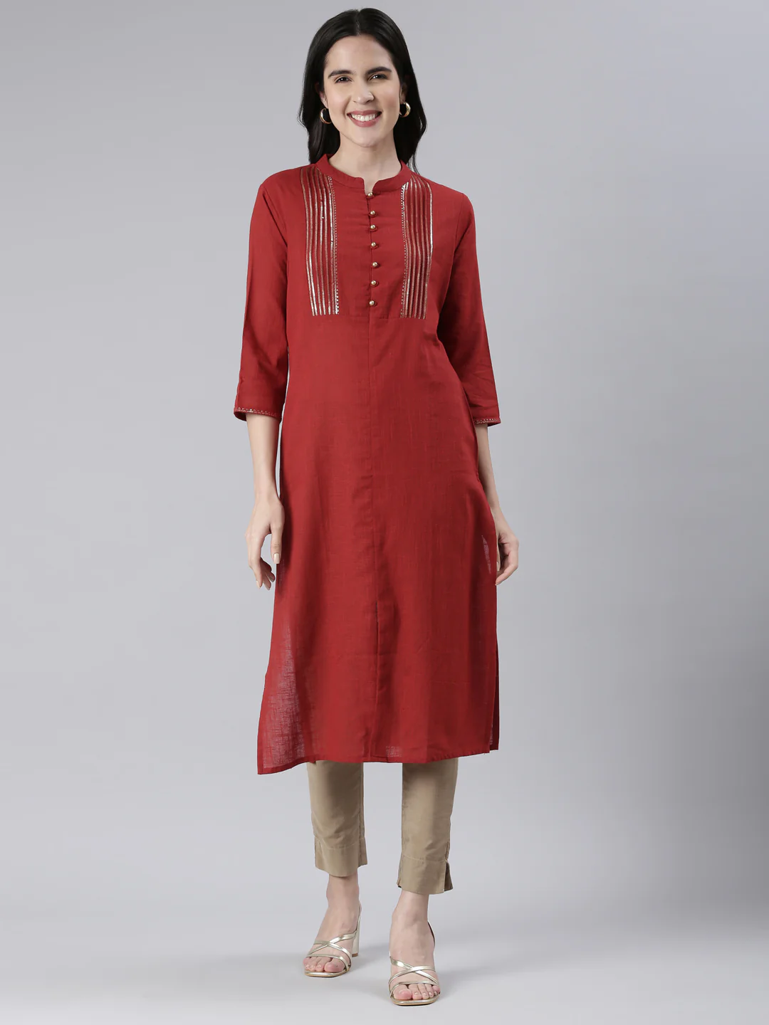Neerus Maroon Straight Solid Cotton Kurta