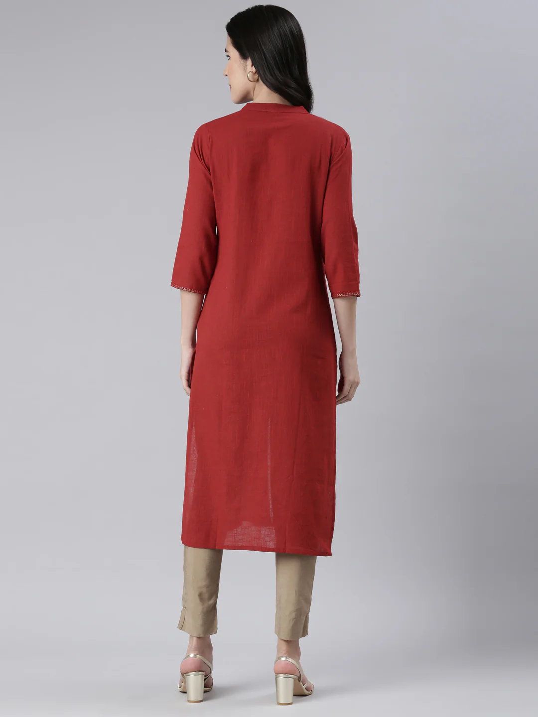 Neerus Maroon Straight Solid Cotton Kurta - Image 3