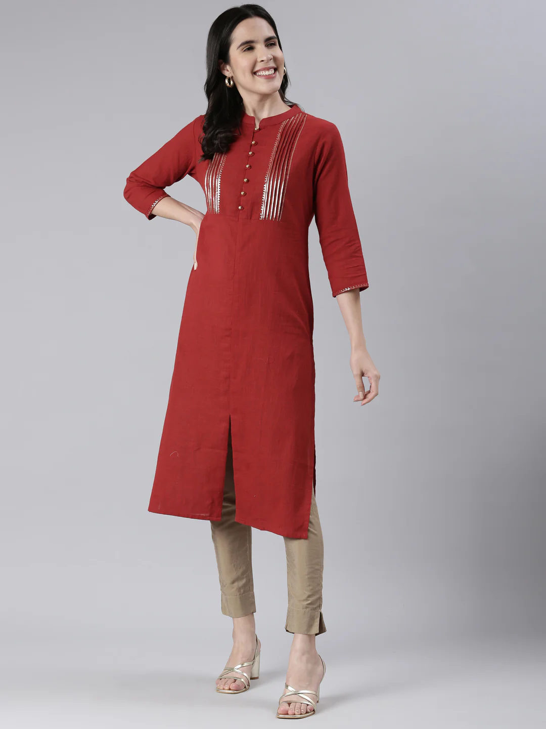 Neerus Maroon Straight Solid Cotton Kurta - Image 5