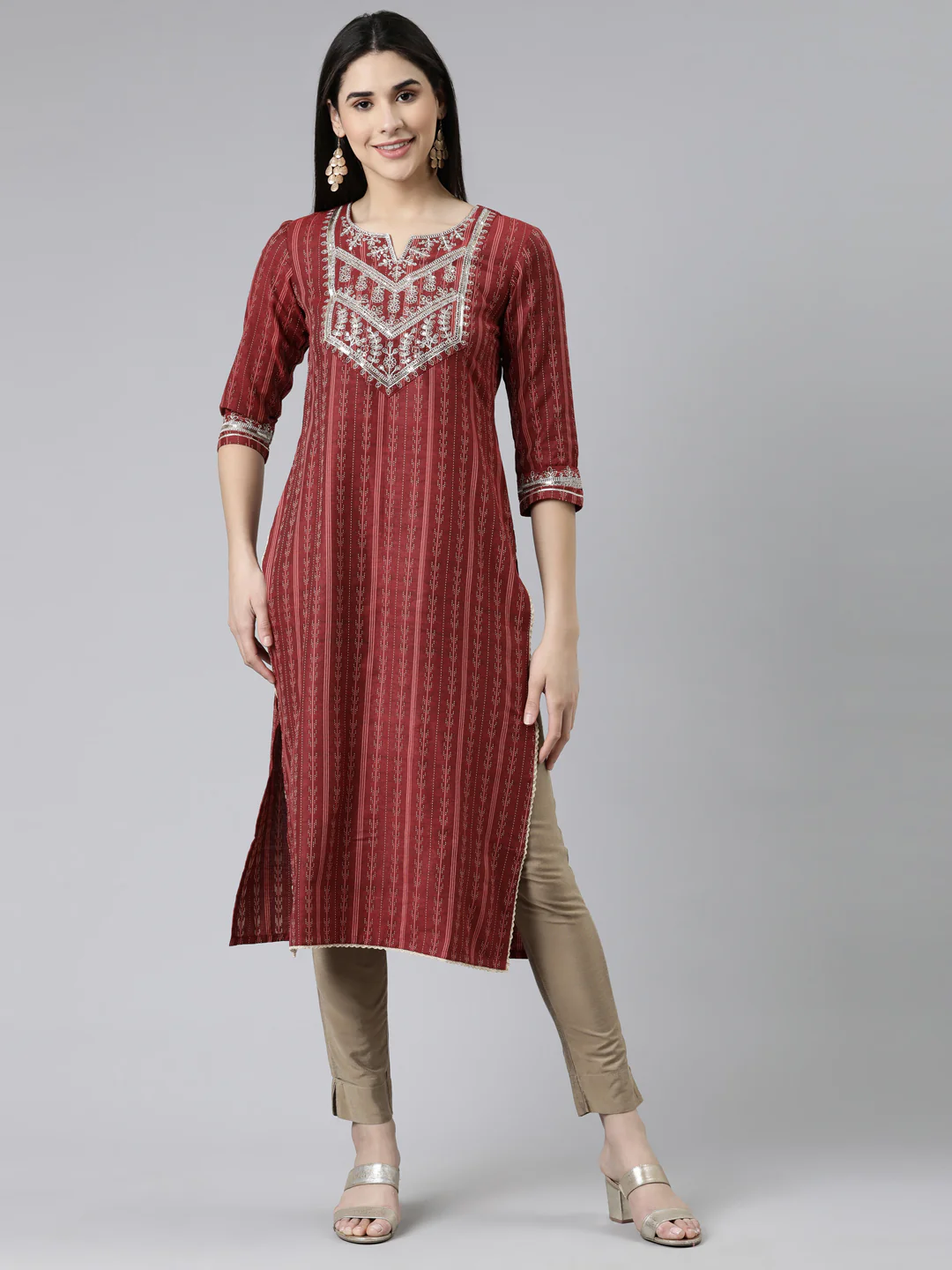 Neerus Maroon Straight Solid Cotton Kurta
