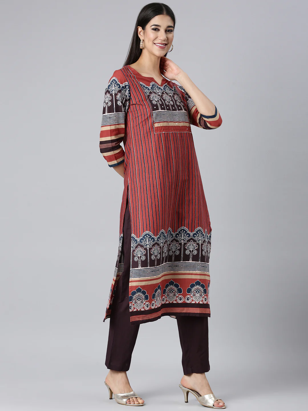 Neerus Maroon Striped Straight Kurta and Trousers With Dupatta - Image 2