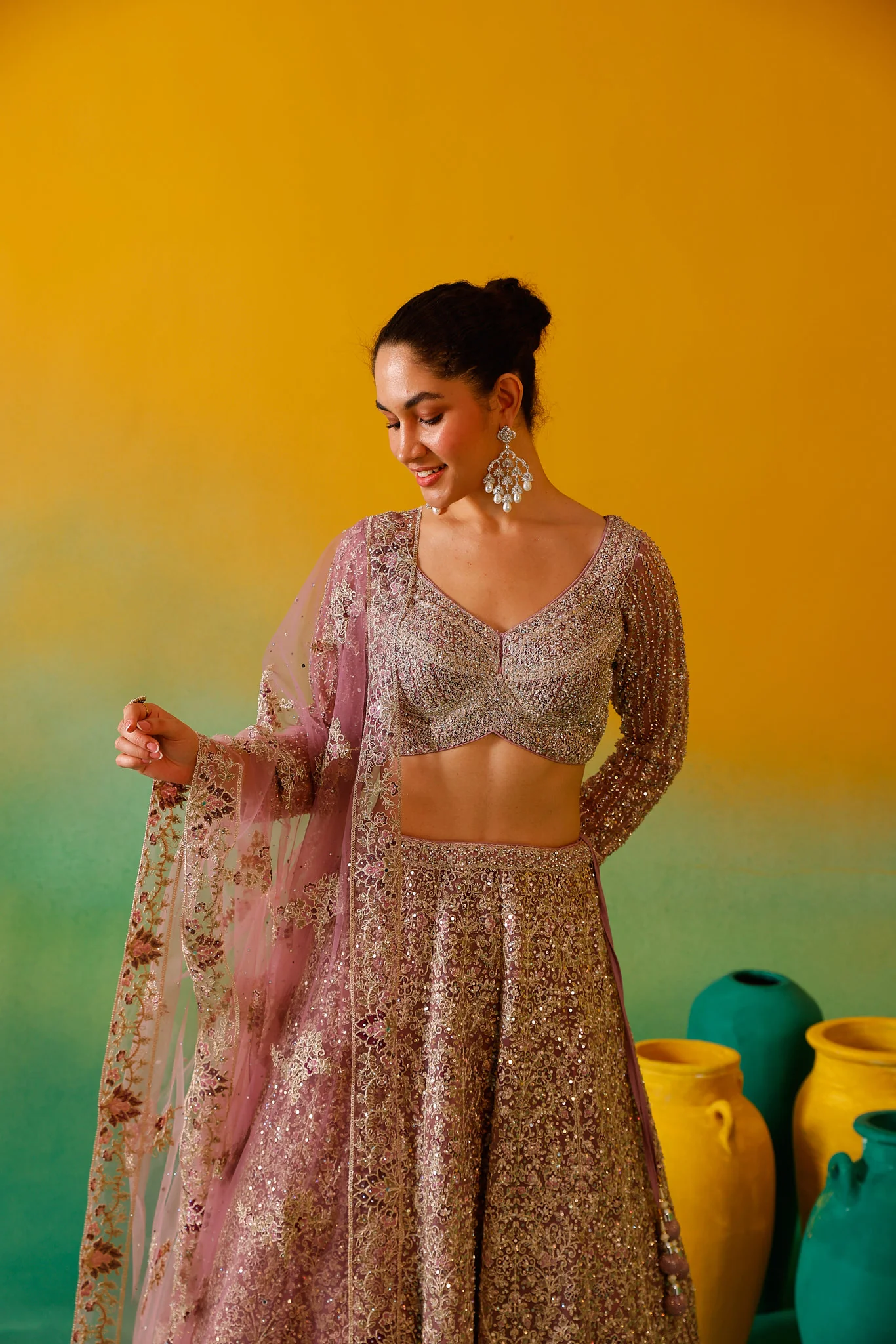 Neerus Mauve Embroidery work Nett Fabric Ghagra Set - Image 10