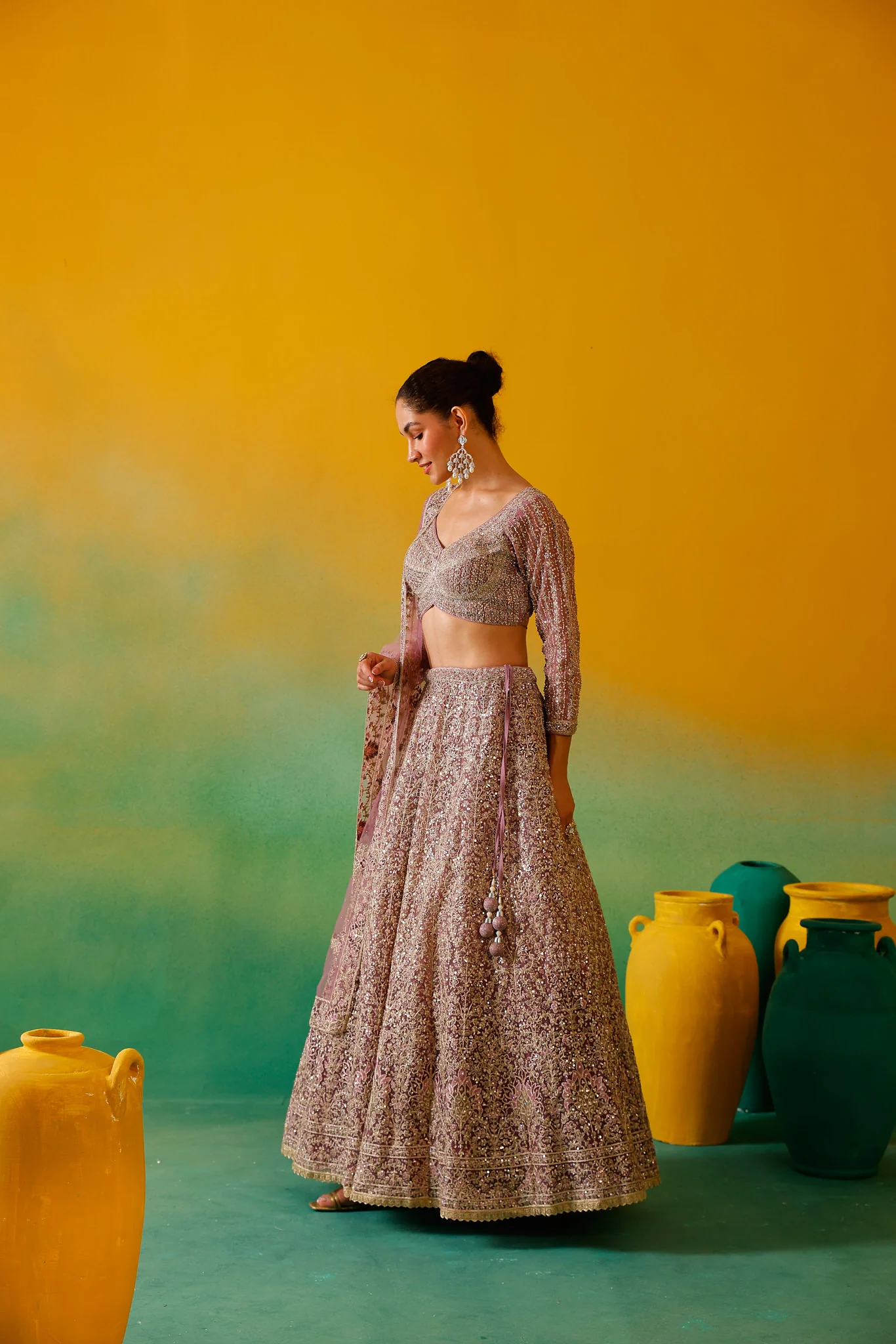 Neerus Mauve Embroidery work Nett Fabric Ghagra Set - Image 5